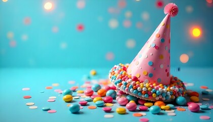 Sombrero de fiesta con caramelos, piruletas, globos y confeti sobre un fondo azul claro, vista superior, disposición plana, espacio de copia
