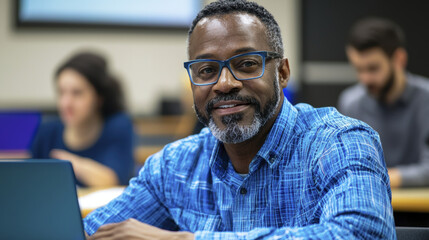 Obraz premium confident university professor smiling in classroom setting, engaging with students