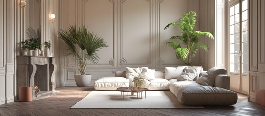 Beige living room with fireplace and plants
