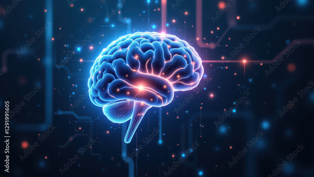 Poster a stylized depiction of a human brain with digital and circuit motifs representing artificial genera