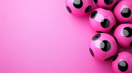Pink balls with black spots on pink background for playful designs, and advertising applications