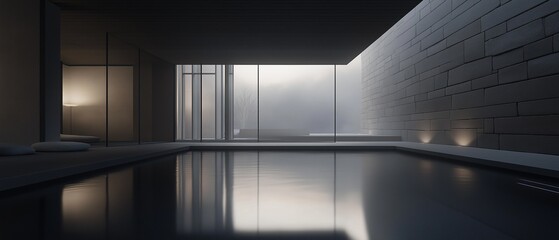 Obraz premium Empty room with a long, rectangular pool in the center. the pool is surrounded by a black tiled wall on the right side and a large window on the left side, allowing natural light to enter the room.