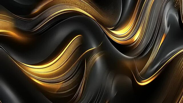Abstract black and gold wave pattern with a glossy texture and sparkling elements.