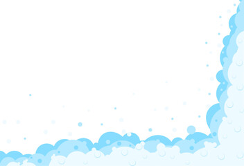 Foam bubbles frame. Cartoon bubbles of shampoo, bubble bath.   Soap border.   Cleaning and laundry products, beer, sea .  Bathroom laundry and hygiene concept. Vector background of washing