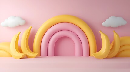 Pink banana scene with a rainbow backdrop used for kids design or illustration