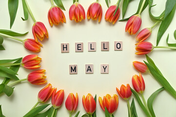 greeting hello may in a frame of red tulips
