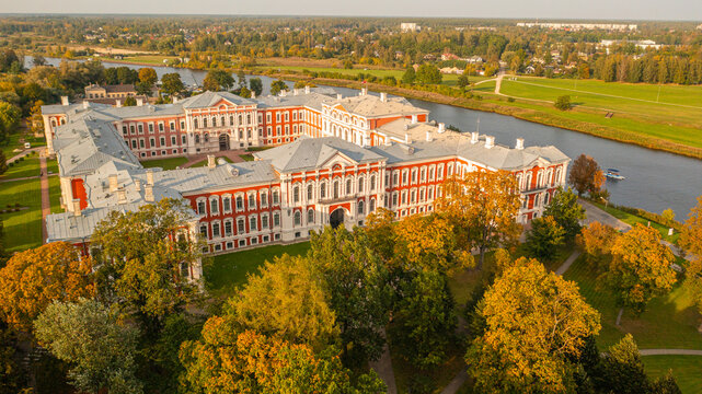 Aerial photo from drone to the city of Jelgava, Zemgale Palace in LLU Latvia. The largest baroque castle in the Baltics, located on the banks of the Rielpe River. Latvia, Jelgava, Zemgale