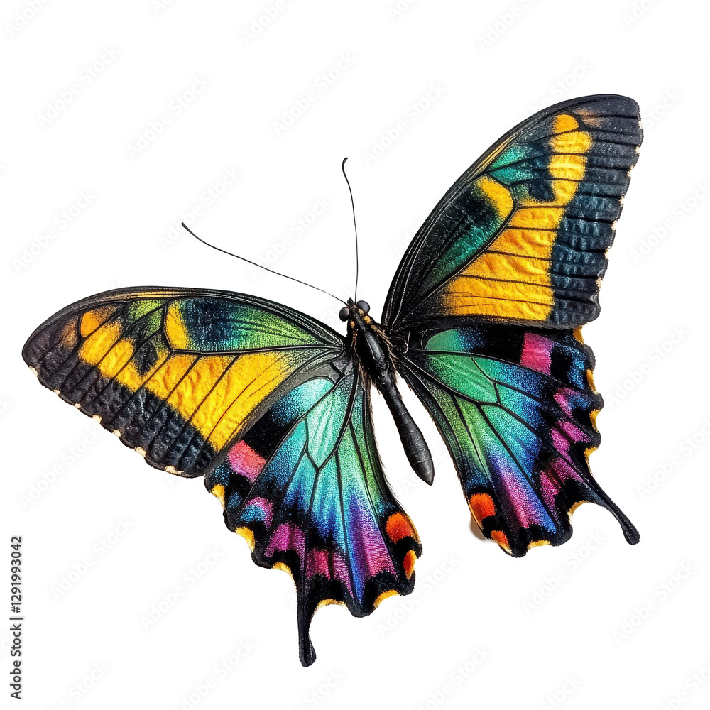 Poster colorful butterfly displaying vibrant patterns on a transparent background in a natural setting, col