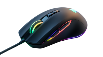 Sleek black gaming mouse with RGB lighting, high-performance accessory, isolated on a white background