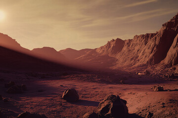 Martian Landscape at Dusk: An evocative and desolate landscape on the surface of Mars, rendered with reddish hues under the pale light of a distant sun, captured in a dramatic setting