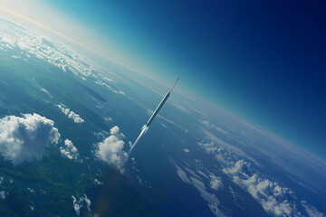 Fototapeta premium Rocket Ascending to Space: A sleek rocket streaks towards the dark expanse of space, leaving behind a trail of smoke as it pierces the atmosphere.