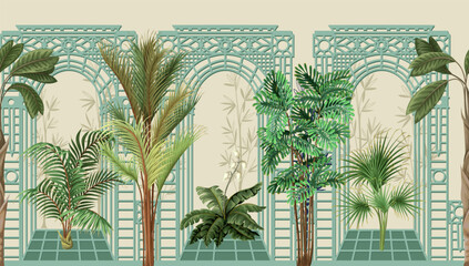 Border with architectural arch, portal and tropic trees. Vector. © Yumeee