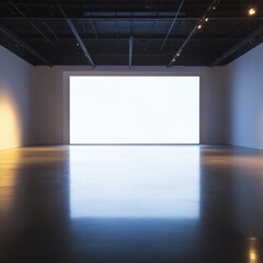 empty art gallery room with blank screen and reflections