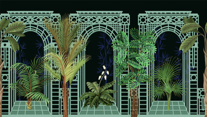 Border with architectural arch, portal and tropic trees. Vector. © Yumeee