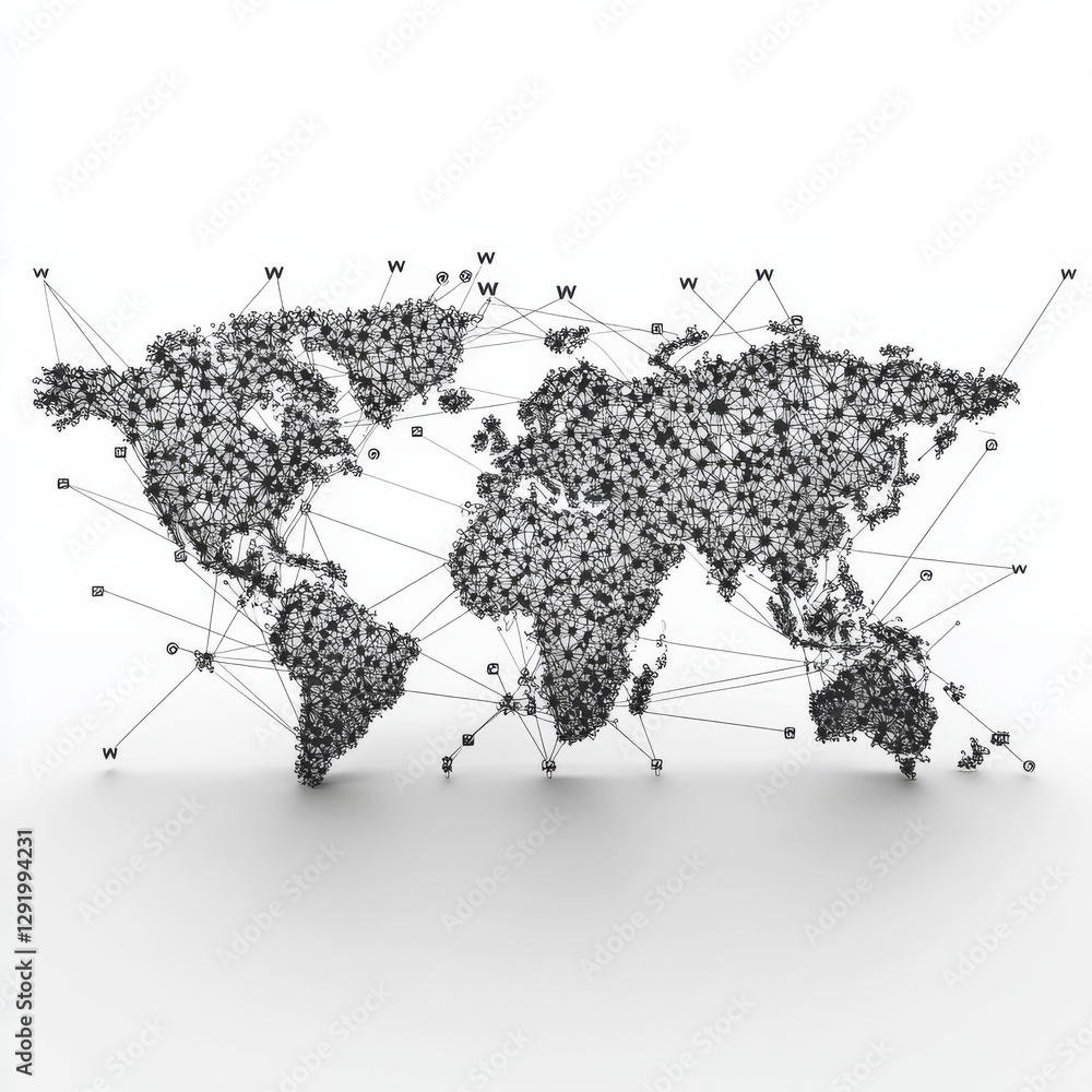 Aufkleber Global Connectivity: A 3D Render of the World Map Depicting Interconnected Networks and Digital Communication