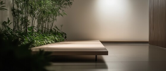 Fototapeta premium Modern and minimalist interior space with a wooden bench in the center. the bench is made of light-colored wood and is placed on a tiled floor.