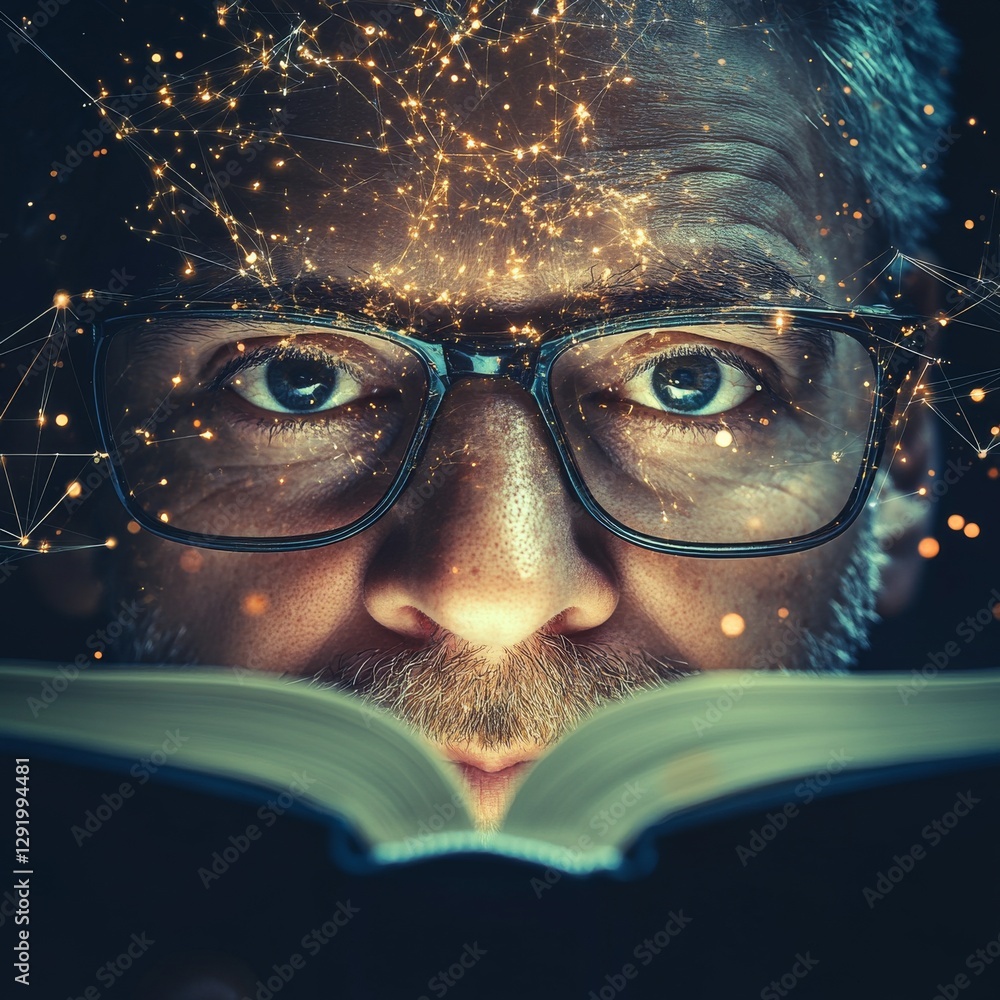Poster Illuminating Knowledge: Man Immersed in Book with Glowing Neural Network Overlay, Symbolizing Insight and Connected Thinking