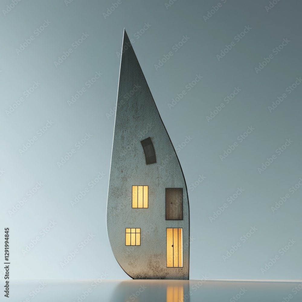 Poster minimalist abstract house: a stylized residence with warm light and unique architecture