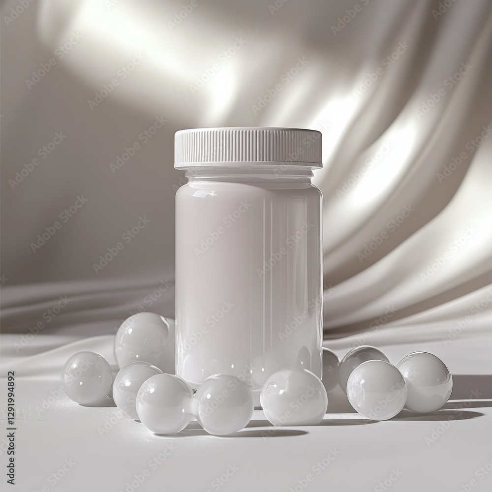 Poster monochromatic minimalism: white bottle with spheres on draped fabric, a study in light and form in a