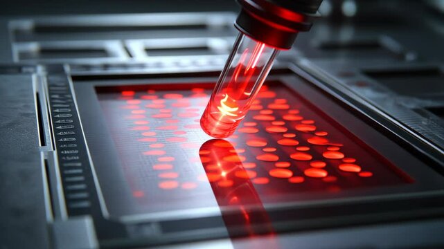 Red light illuminates testing device with samples in laboratory setting at night