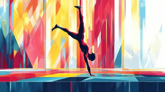 Illustration of a gymnast in a handstand on the parallel bars, vibrant vector design