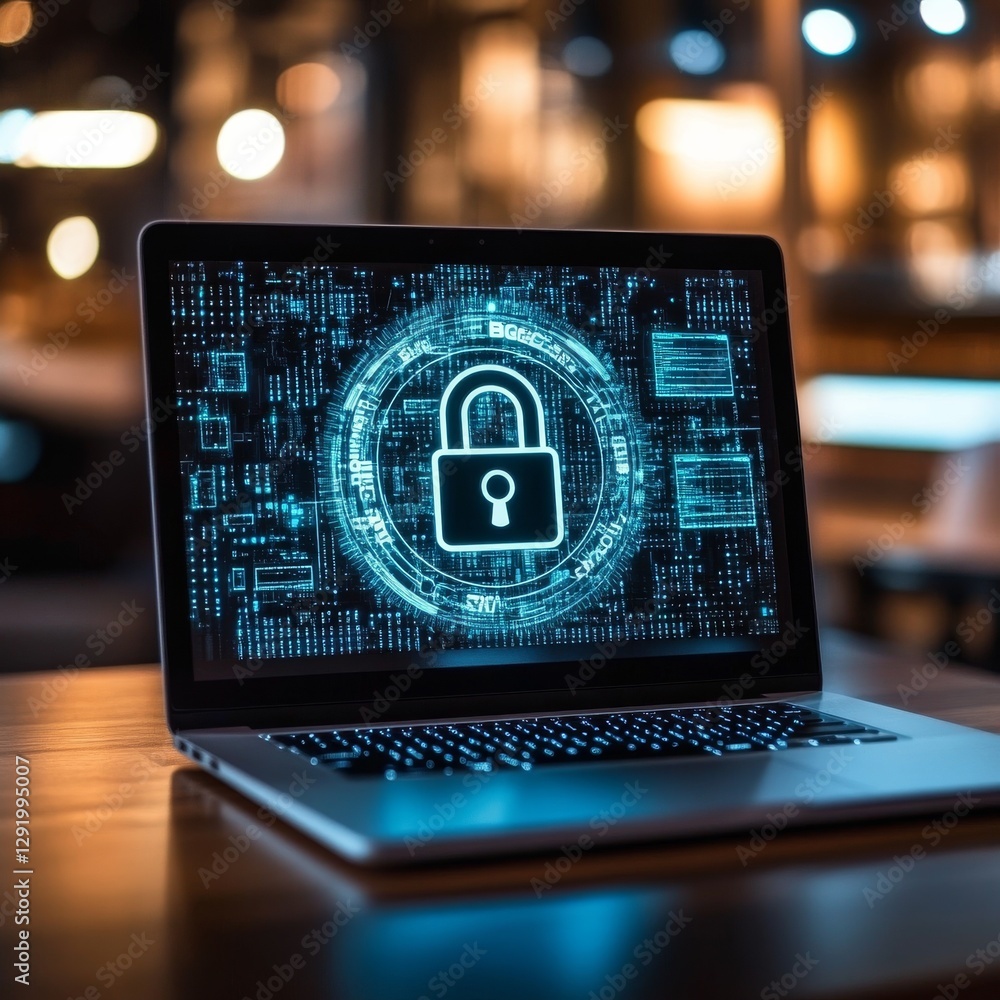 Aufkleber Secure Laptop with Digital Lock: Protecting Data and Information in the Digital Age, Featuring Futuristic Security Interface.