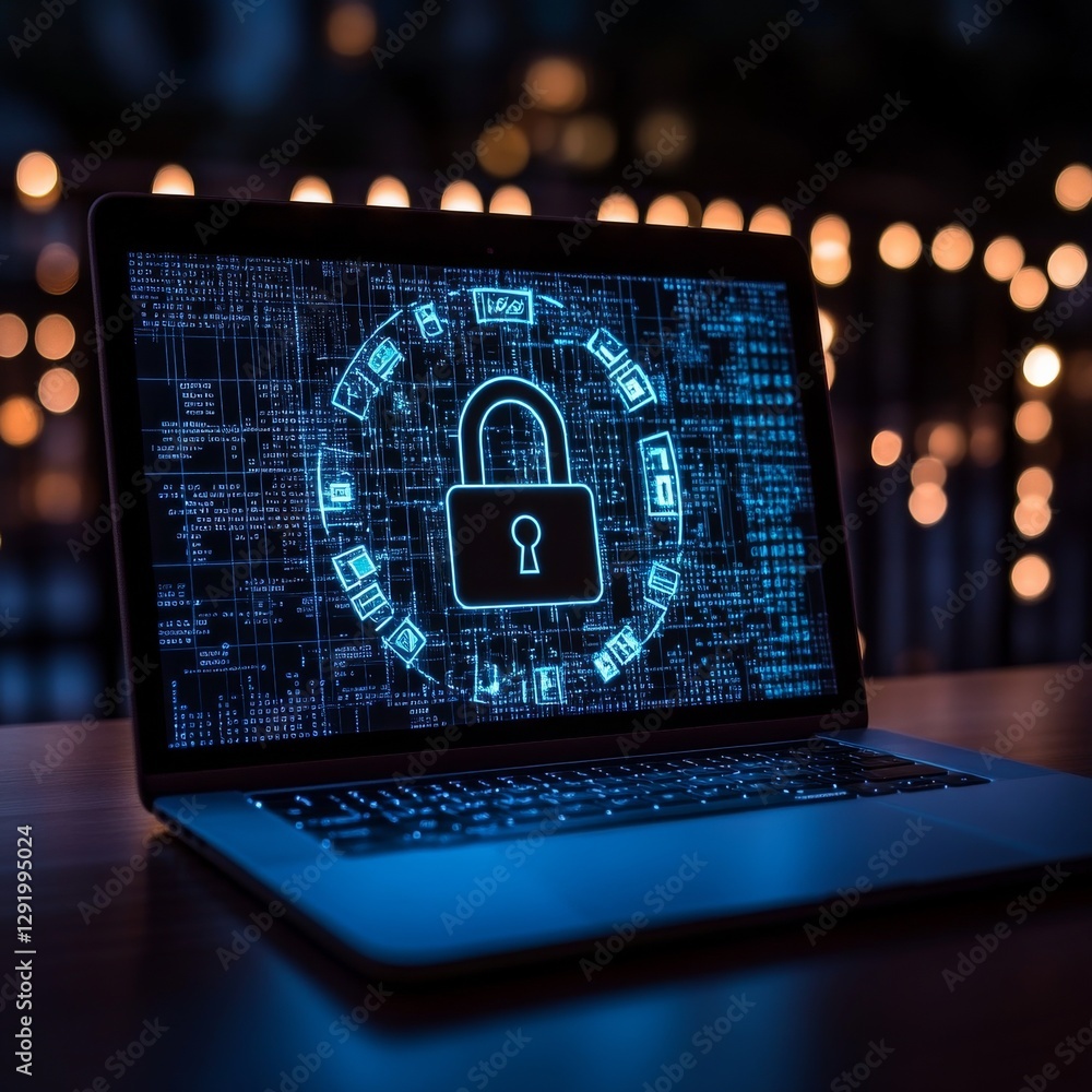 Aufkleber Secure Laptop with Glowing Lock Symbol: Cybersecurity and Data Protection Concept in the Digital Age