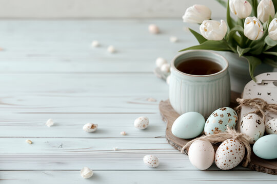  A minimalist Easter brunch setup featuring a rustic wooden table adorned with fresh tulips, hand-painted eggs in soft pastel shades, and an elegant ceramic teapot