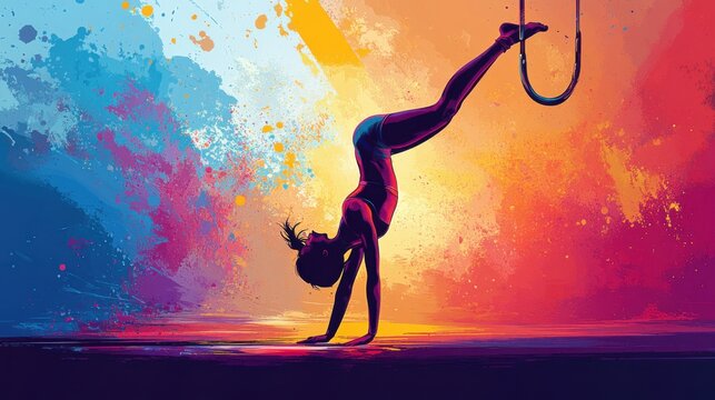 Illustration of a gymnast in a handstand on the parallel bars, vibrant vector design