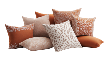 Decorative throw pillows with a boho pattern, cozy home aesthetic, isolated on a white background 
