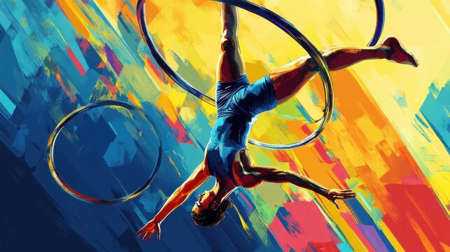 Illustration of a gymnast in a handstand on the parallel bars, vibrant vector design