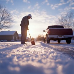 man shoveling snow from driveway after snowfall