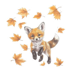 Fototapeta premium Playful fox surrounded by autumn leaves watercolor illustration nature setting whimsical viewpoint