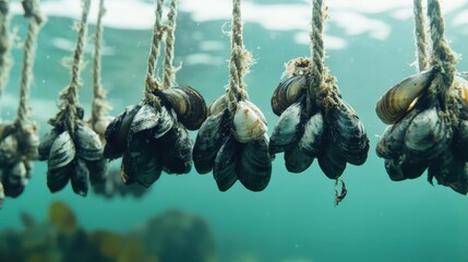 Mussels gracefully suspended in an underwater farm, surrounded by crystal-clear waters, bask in the gentle light of mid-morning near a picturesque coastal region