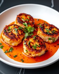 Culinary Delight: Sizzling Scallops in vibrant orange sauce, a visual feast that tantalizes the taste buds. This photorealistic image showcases the perfect sear on the scallops.