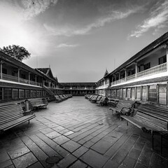 A black-and-white photograph of a serene courtyard framed by traditional buildings. The large tiled floor is accented with benches, and the classic architecture features balconies and sloped roofs