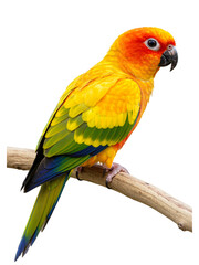 Sun Conure Perch: A vibrant sun conure perched on a branch  transparent png background