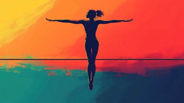 Illustration of a gymnast in a handstand on the parallel bars, vibrant vector design