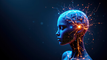 A digital rendering showcasing artificial general intelligence with a humanoid robot's head emitting holographic information against a dark background.