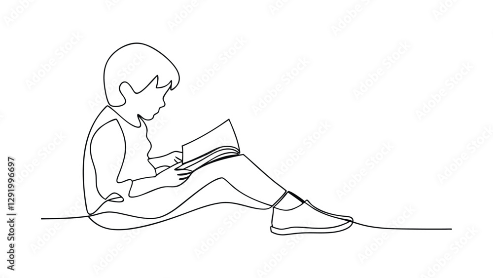 Poster a minimalist line drawing depicts a young child sitting, deeply engrossed in reading a book. the con