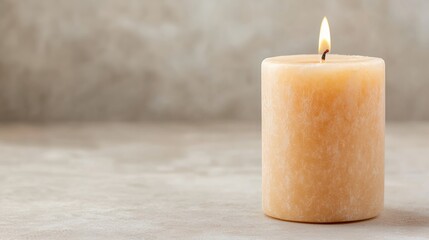 Lit Beige Textured Candle on Neutral Background