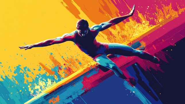 Illustration of a gymnast in a handstand on the parallel bars, vibrant vector design