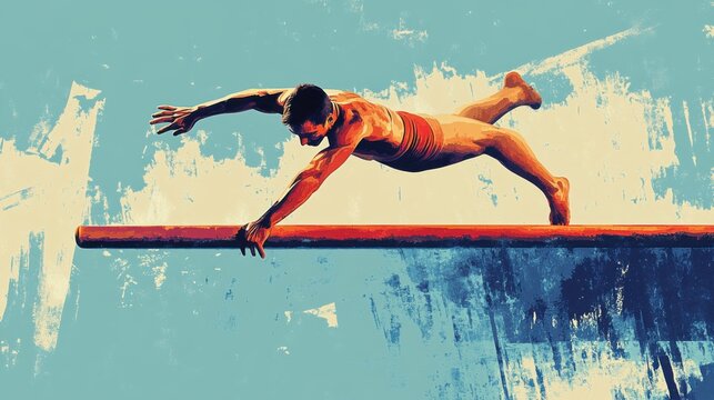 Illustration of a gymnast in a handstand on the parallel bars, vibrant vector design