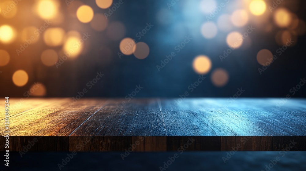 Poster wooden table with blurred lights in the background creating a cozy and inviting atmosphere for photo