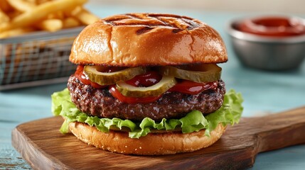 Delicious Burger: A mouthwatering, close-up shot of a gourmet burger on a wooden board, featuring a juicy patty, fresh lettuce, and tangy pickles. Perfectly cooked, ready to eat.