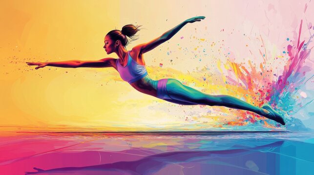 Illustration of a gymnast in a handstand on the parallel bars, vibrant vector design