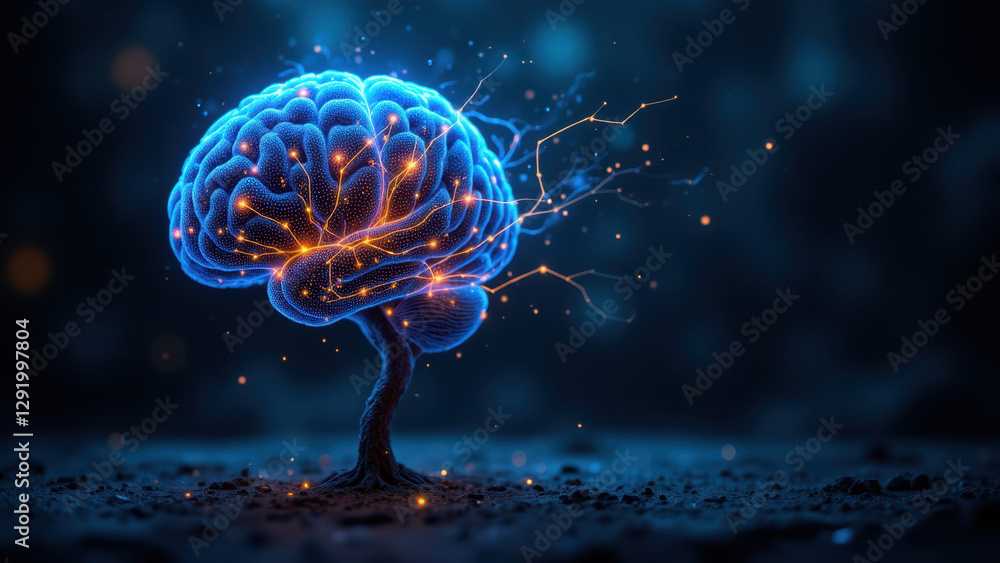 Poster an artistic representation of artificial general intelligence with a glowing brain sprouting from th