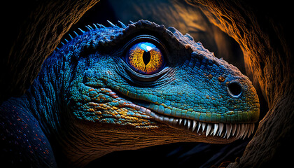 Fototapeta premium Close-up of head and eye of dinosaur, looking into dark cave, steam from breath, atmosphere of fear of the one hiding in the cave