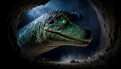 Close-up of head and eye of dinosaur, looking into dark cave, steam from breath, atmosphere of fear of the one hiding in the cave