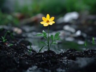 single yellow flower growing in dark soil